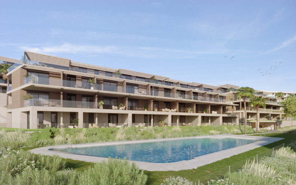Etherna Homes II – Estepona – Außenfassade mit Gemeinschaftspool, gepflegten Gärten und privaten Terrassen