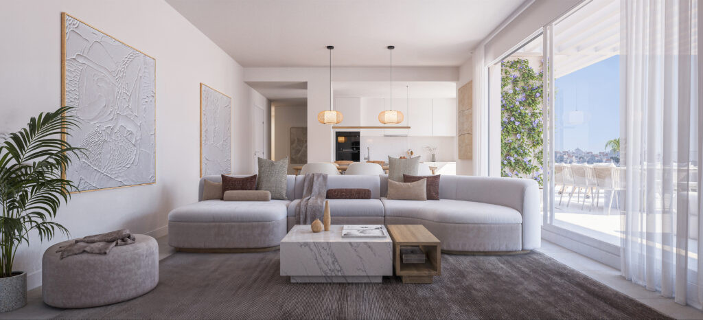 Etherna Homes II – Estepona – Helles offenes Wohnzimmer mit geschwungenem Sofa, Marmor-Couchtisch und Terrassenblick