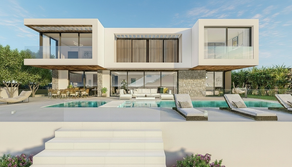 Europa Nova – Mijas - modern luxury villa exterior with private pool, sun loungers, and open-plan living terrace