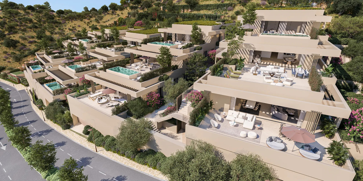 Finca de Jasmine Sky Villas – Benahavís - aerial CGI of terraced luxury villas with private pools and landscaped terraces on a hillside