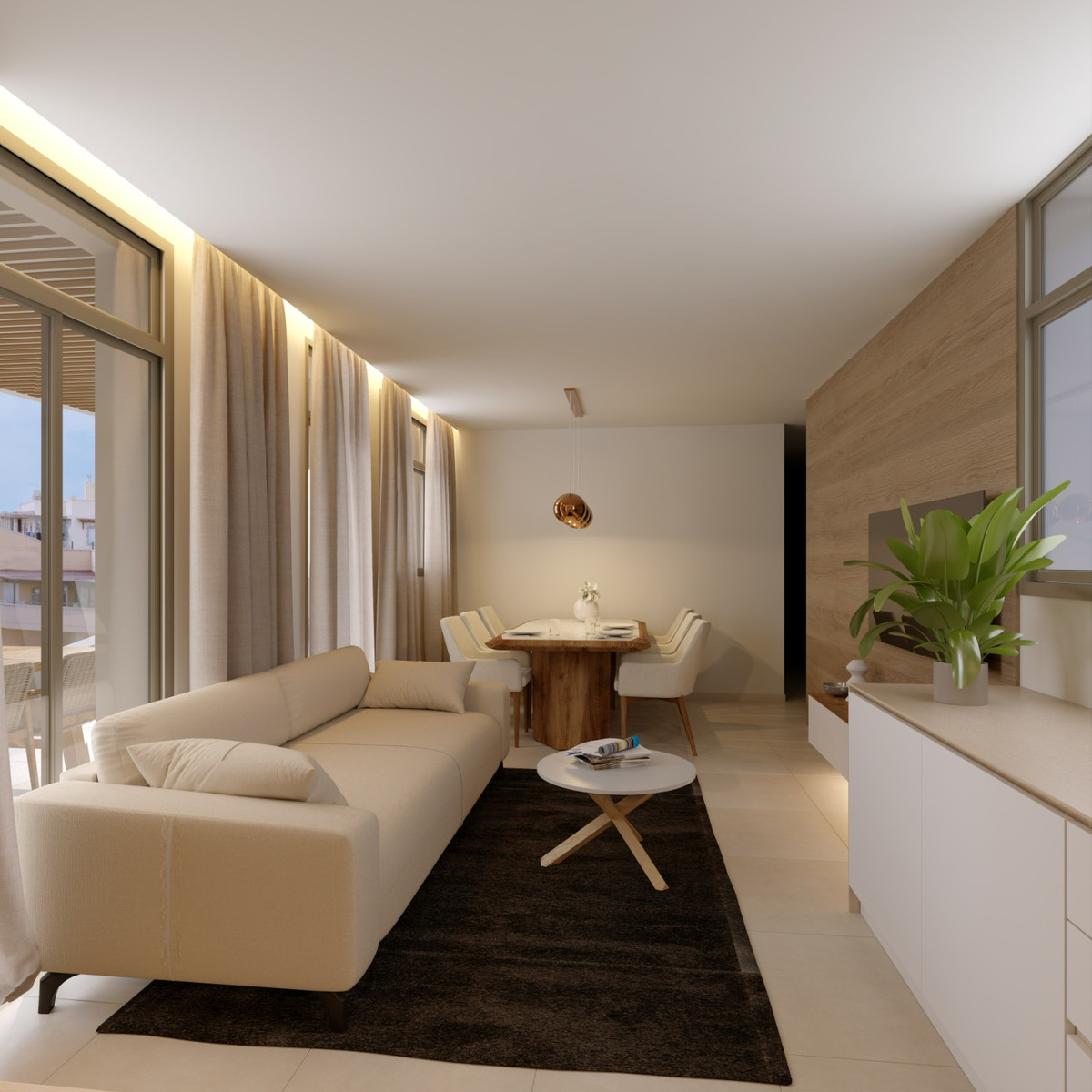 Green Mountain 1 – Estepona - open-plan living and dining area with cream sofa, wooden accents and floor-to-ceiling windows
