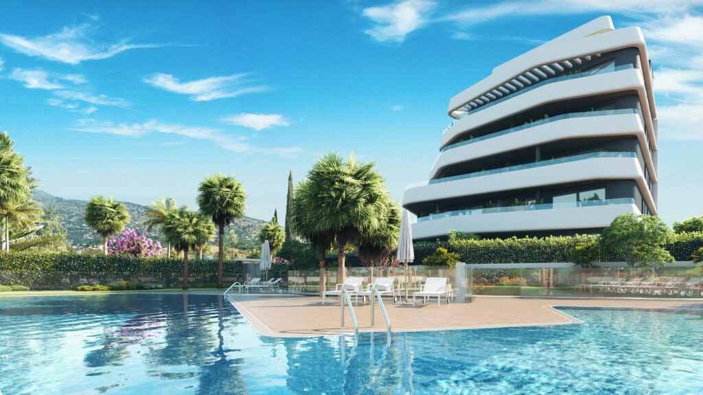 Habitat Alborán – Bora – Torremolinos – luksuriøst boligtårn med udendørs pool, palmer og bjergkulisse
