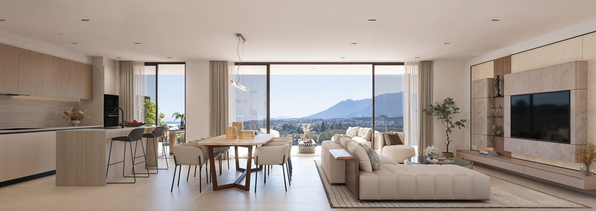 HAIKU Suites – Estepona - åben stue, spisestue og køkken med panoramaudsigt over bjerg og hav