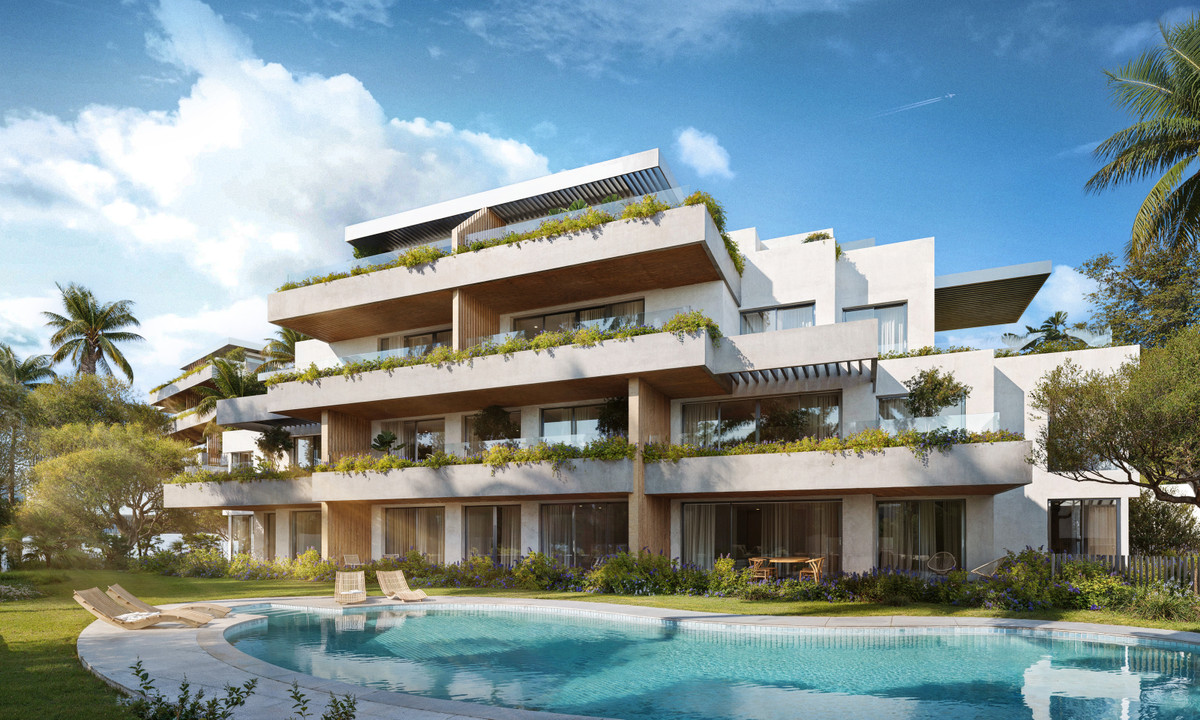 Horizonte Village – The Residences – Mijas - moderne etagebygning med terrasser, grønne planter og udendørs pool
