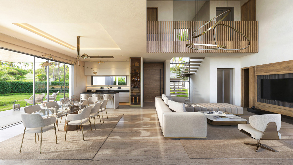 Horizonte Village – The Villas – Mijas – åben stue og spisestue med dobbelt loftshøjde og trappe