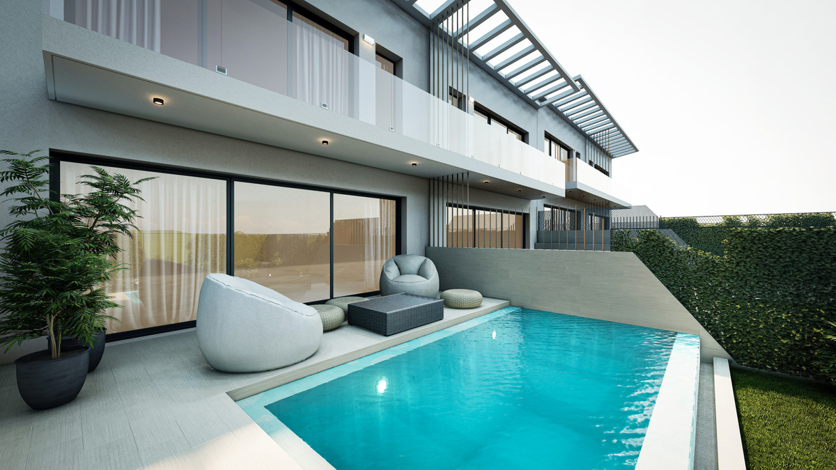 La Cala Valley – La Cala de Mijas - moderne facade med privat pool, sækkestole og glasbalkoner på øverste etager