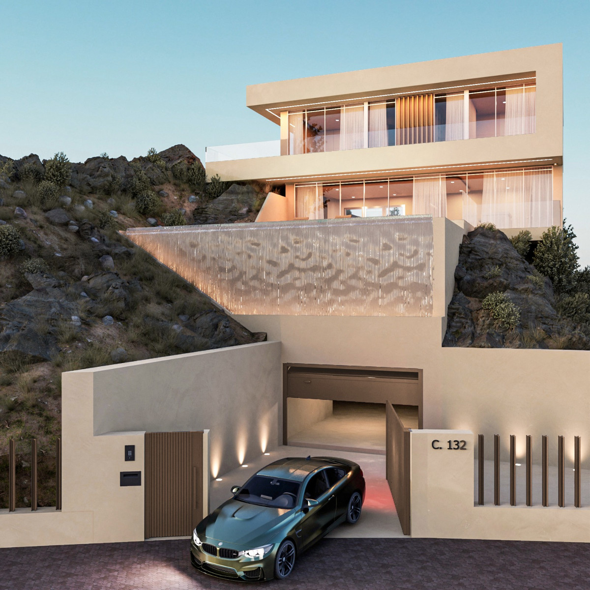 La Roca 2 – Benalmadena - modern luxury villa exterior built into rocky hillside with underground garage and BMW
