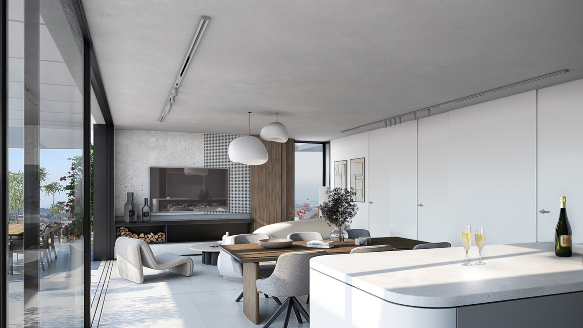 Las Mesas Blue Horizon – Estepona - open woon- en eetkamer met keukeneiland en zeezicht