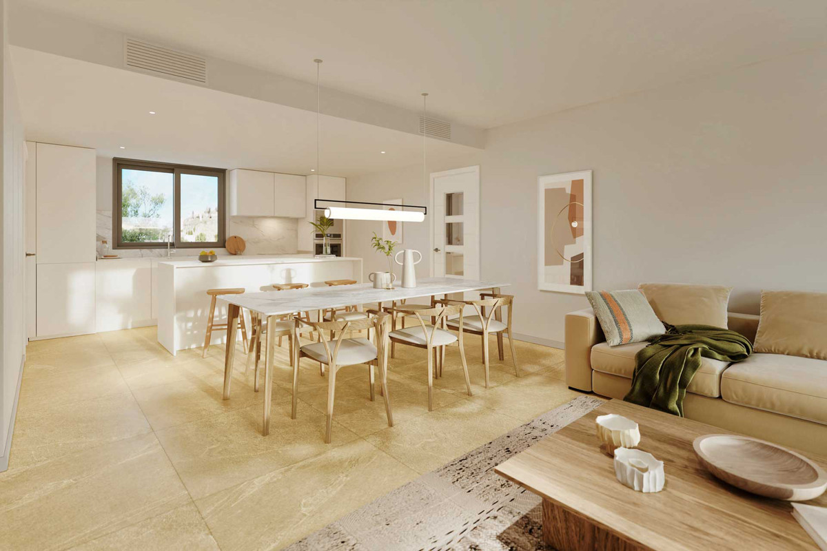 Las Mesas Collection – Estepona - open-plan kitchen, dining area and living room with warm neutral tones