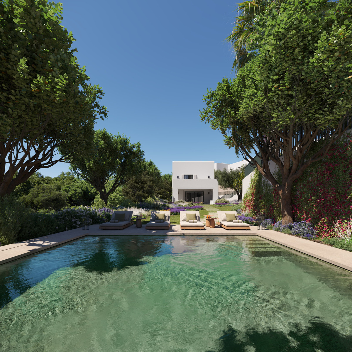 Las Villas–Sotogrande – Sotogrande - buitenzwembad omringd door weelderige tuin en moderne witte villa