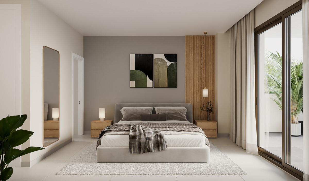 Looa Estepona – Estepona - modern bedroom with grey upholstered bed, wooden slat feature wall, abstract artwork and floor-to-ceiling glass doors opening to a terrace