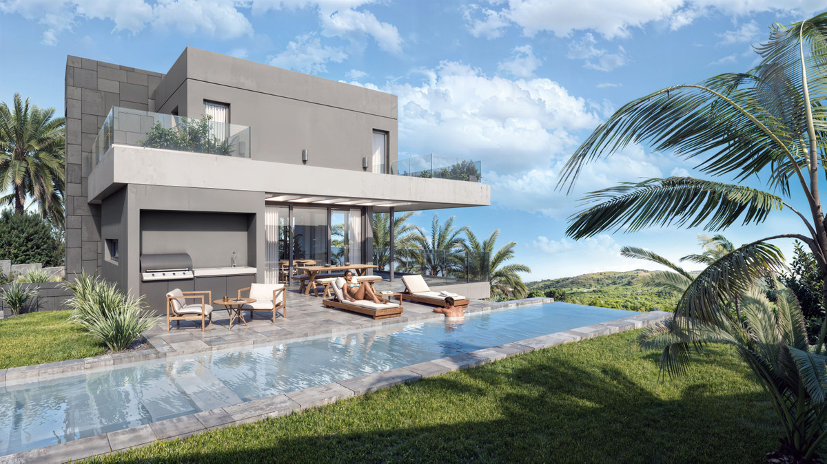 Luxury Golf – Mijas - moderne twee verdiepingen villa met infinity pool, ligstoelen, buitenkeuken met BBQ en panoramisch uitzicht