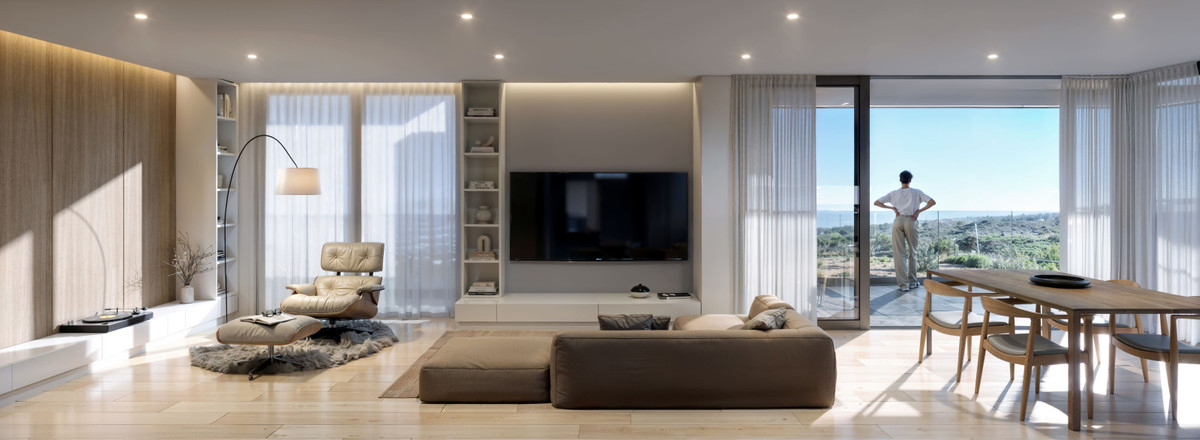 Luxury Golf – Mijas - open woonkamer met vloer-tot-plafond ramen, neutrale tinten en panoramisch landschapsuitzicht