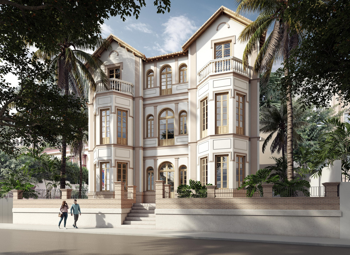 Luxy Sancha – Málaga Este - elegant three-storey facade with arched windows, balconies and palm trees
