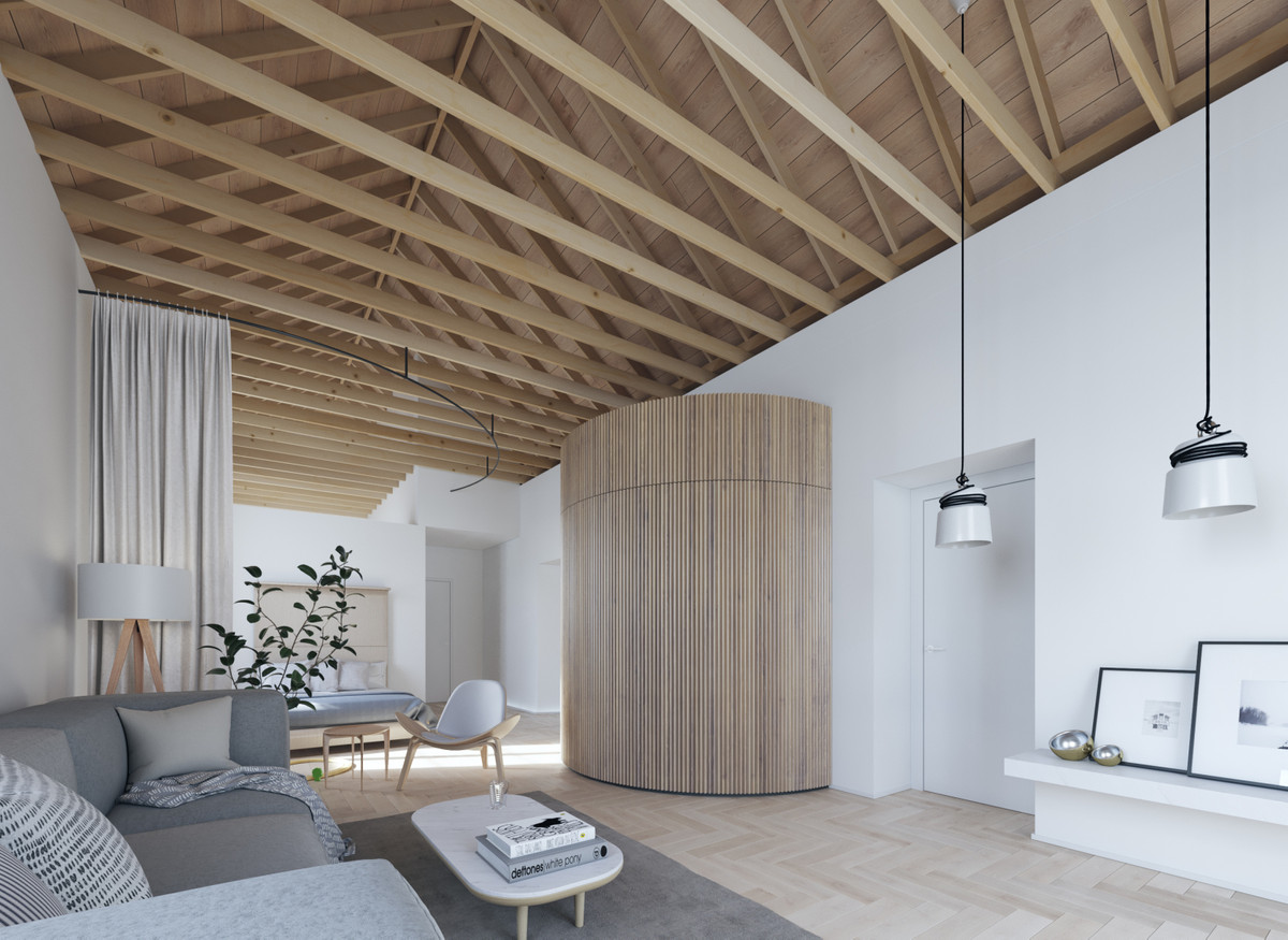 Luxy Sancha – Málaga Este - open-plan living area with exposed wood beam ceiling, cylindrical slatted wood partition, and Scandinavian-style furnishings