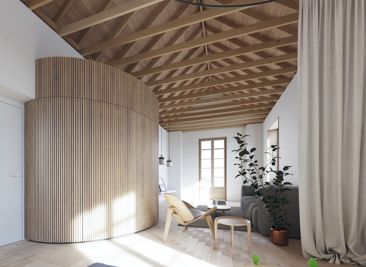 Luxy Sancha – Málaga Este - curved slatted wood partition, vaulted timber ceiling and Scandinavian lounge area