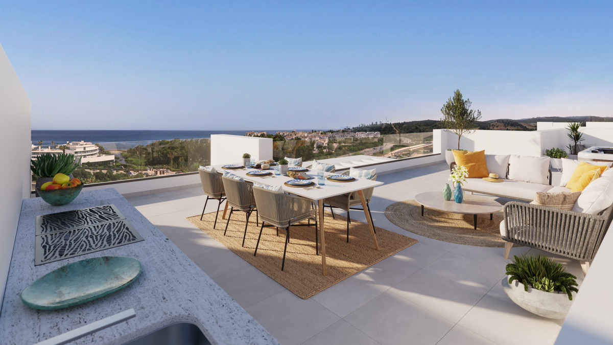 Mala Kai – Estepona – Dachterrasse mit Essbereich, Lounge-Sitzgelegenheiten und Panorama-Meerblick