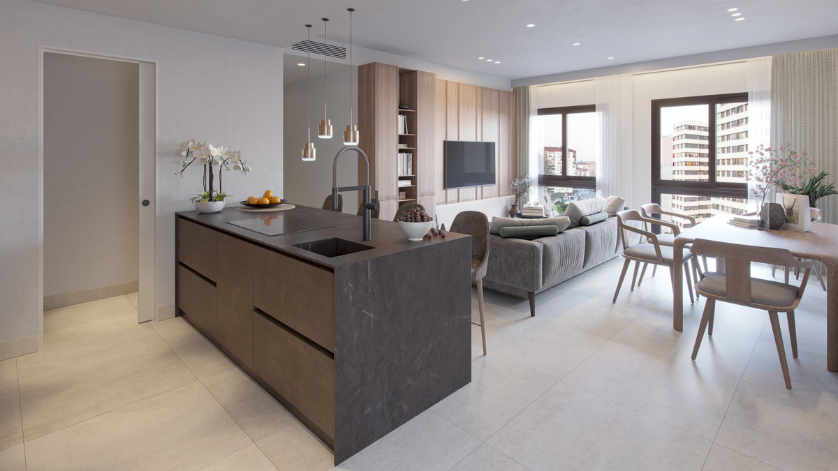 Malaga Centrum – Málaga Centro - open woon-eetkeuken met marmeren keukeneiland en uitzicht op de stad