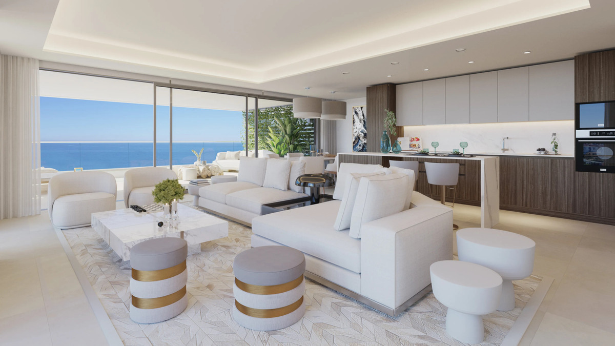 Malaga Towers – Málaga Centro - open woon- en keukenruimte met panoramisch zeezicht en witte banken