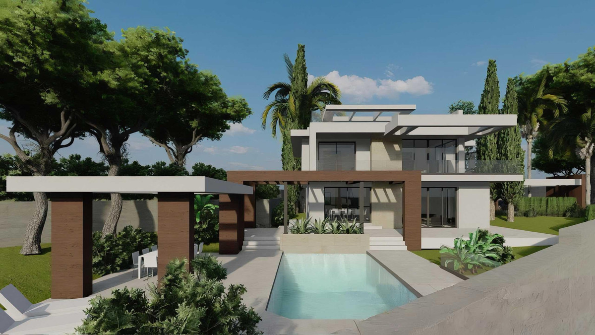 Mandaluz 1 – Río Real - modern luxury villa exterior with pool, flat roof terraces and lush garden landscaping