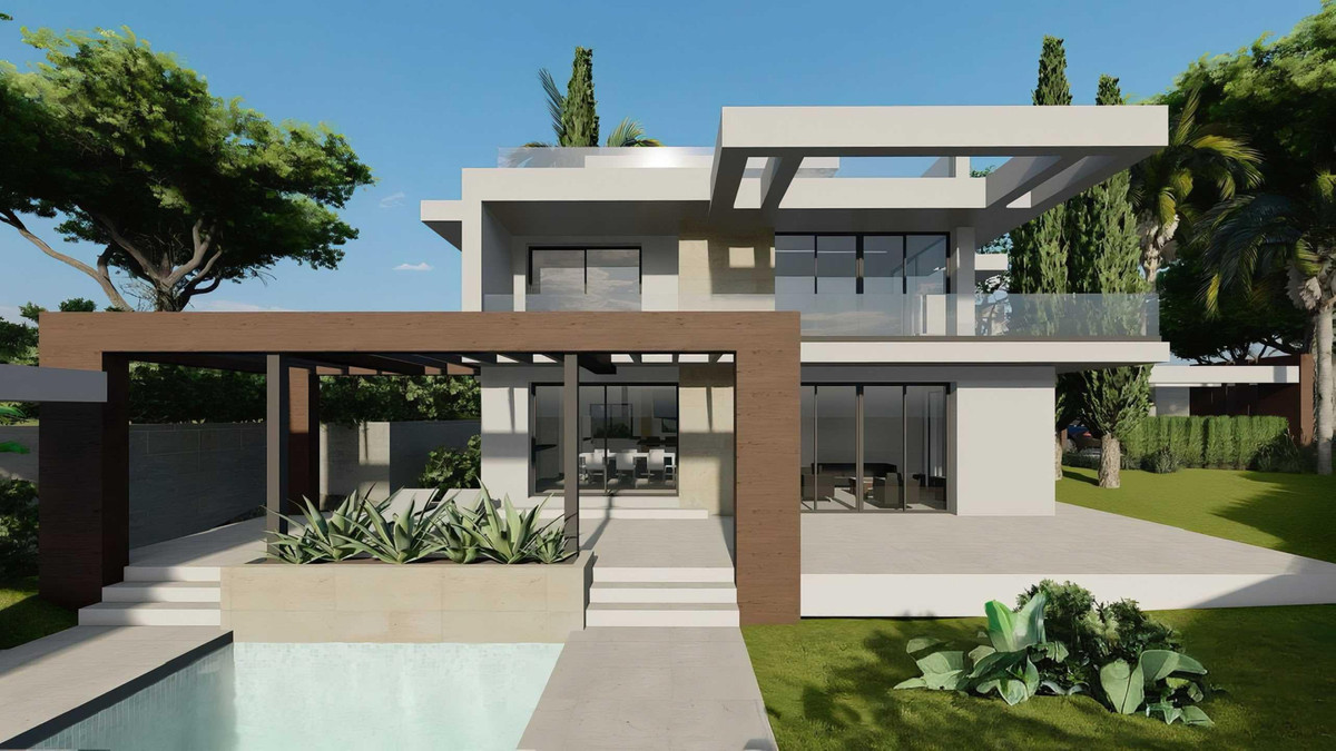 Mandaluz 1 – Río Real - modern luxury villa exterior with pool, pergola and landscaped garden in Málaga
