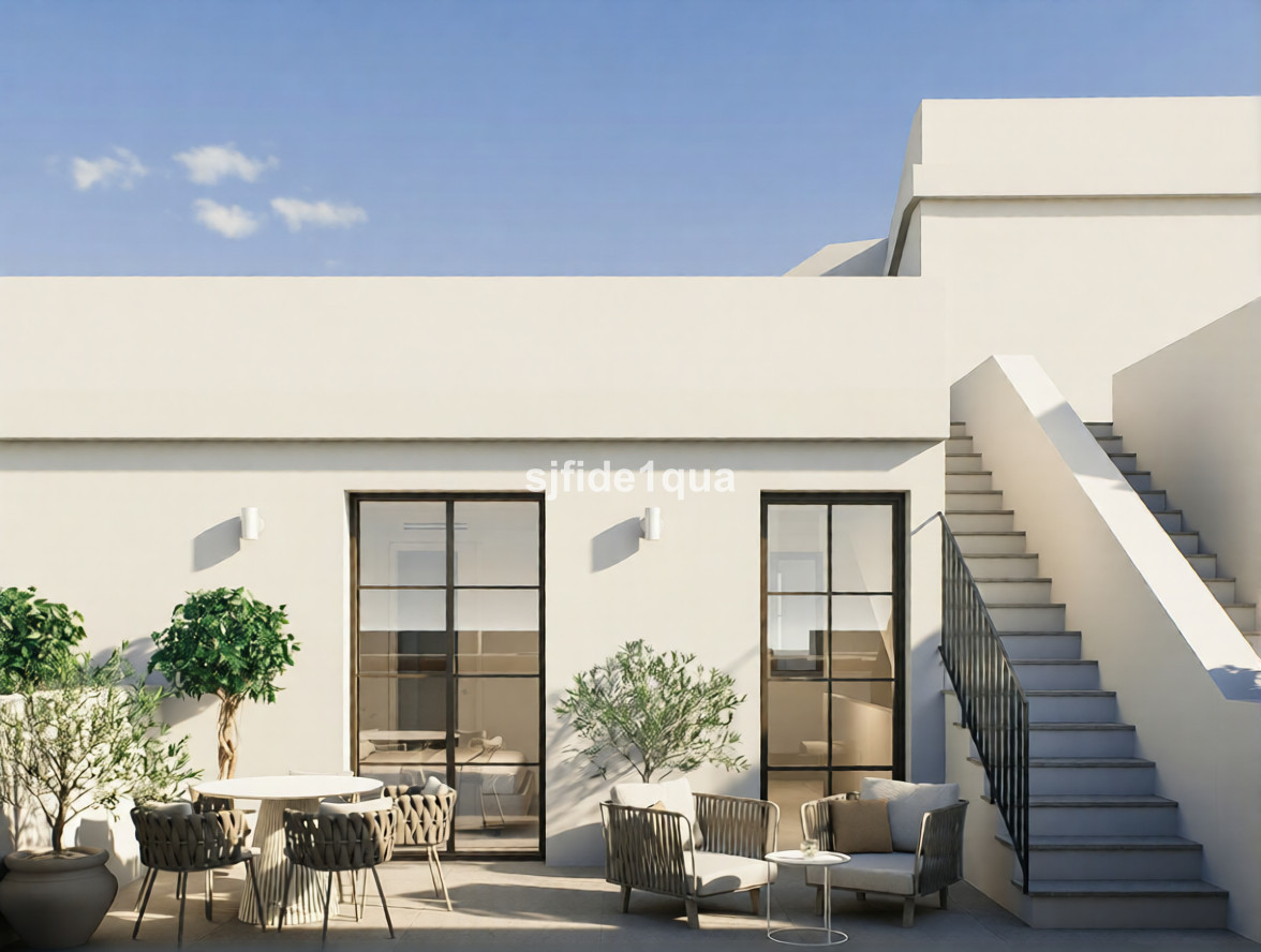 Maria Caridad – Estepona - sunny terrace with outdoor seating, glass doors, staircase and potted olive trees on a whitewashed facade