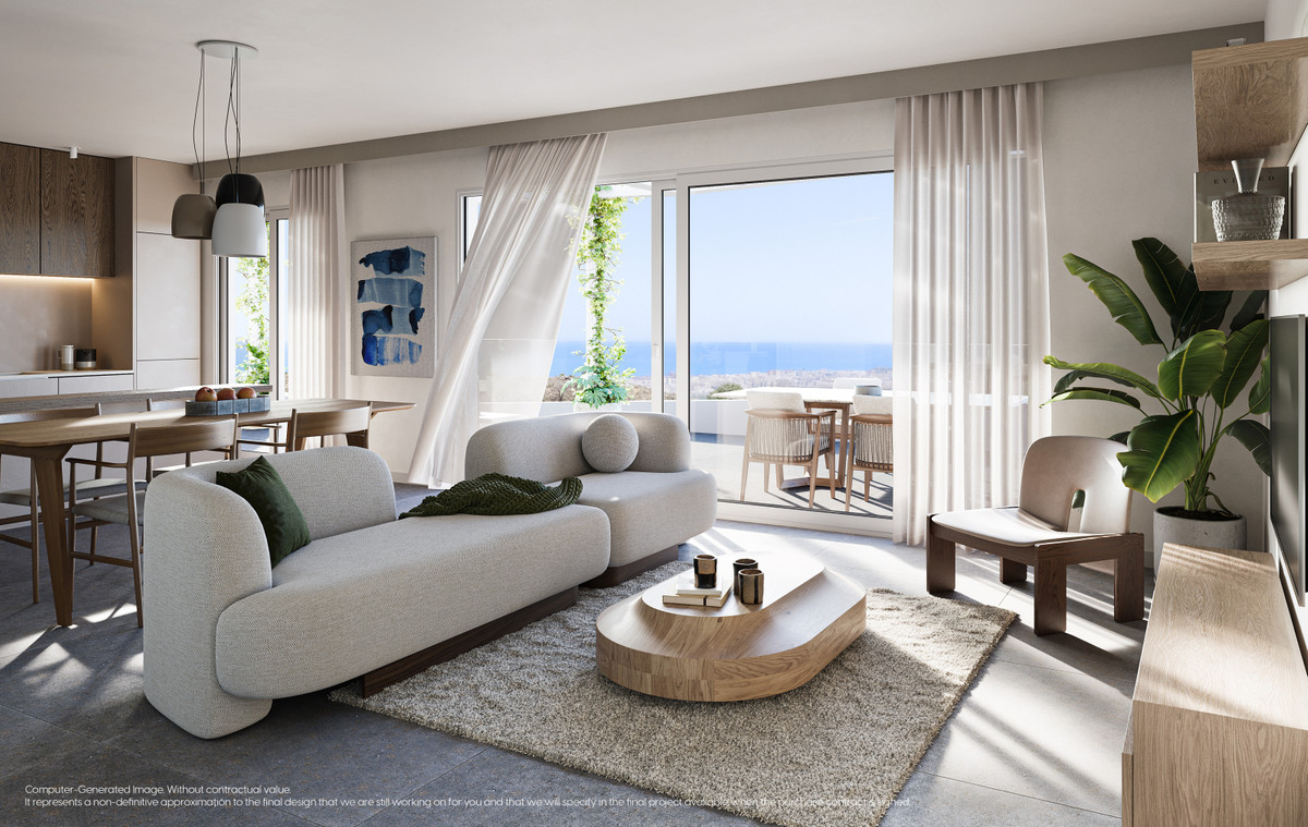Mijas Seaviews – Mijas - bright open-plan living room with sea views, neutral sofa, wood coffee table and terrace access