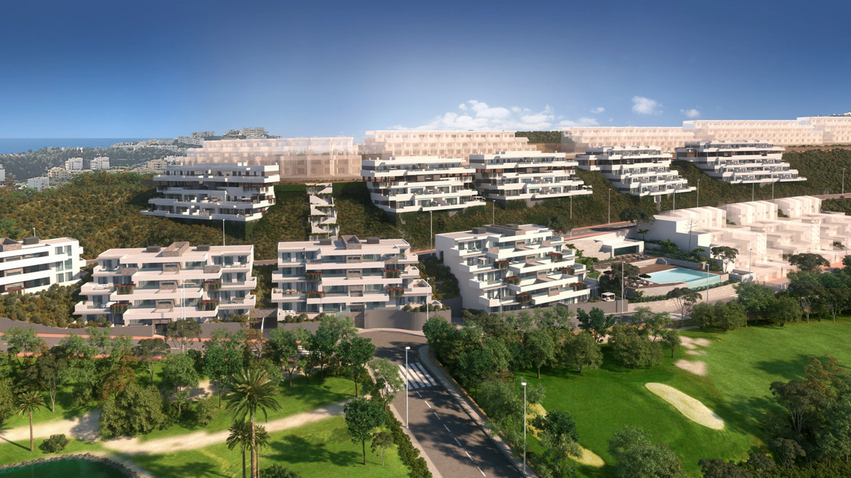 Navigolf Suites 2 – La Cala de Mijas - aerial CGI rendering of white residential buildings on hillside beside golf course