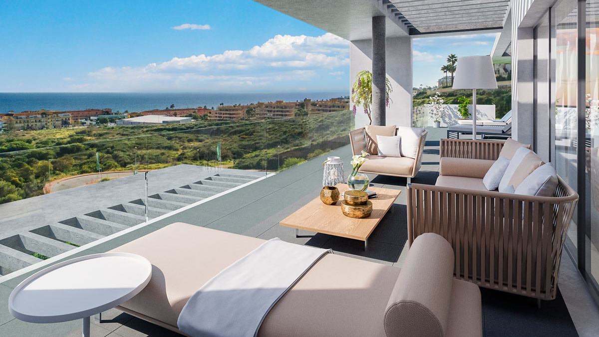 Navigolf Suites – La Cala de Mijas - luxury terrace with sea views, outdoor lounge furniture and coastal panorama