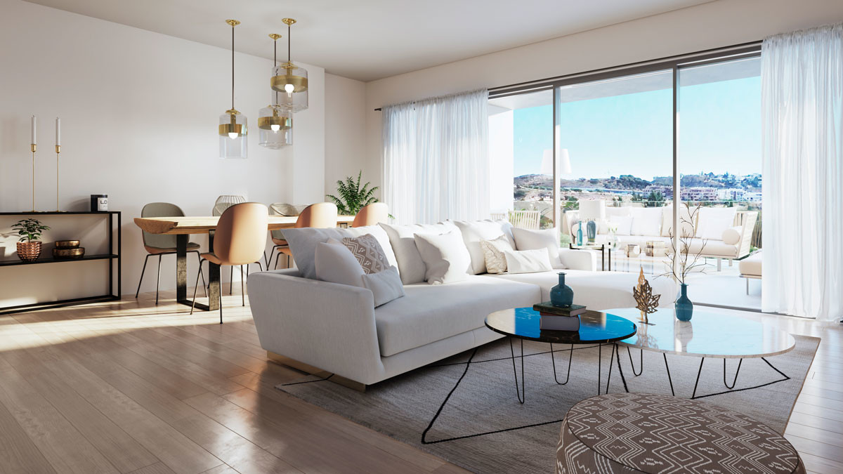 Navigolf Suites – La Cala de Mijas - bright open-plan living and dining area with floor-to-ceiling windows and panoramic views