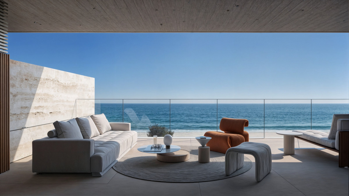 Nubay – Manilva - åben terrassestue med glasrækværk og panoramaudsigt over Middelhavet