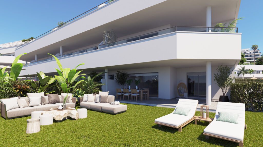 Oceana Gardens II – Cancelada - tuinterras op de begane grond met loungemeubelen, ligbedden en tropische beplanting