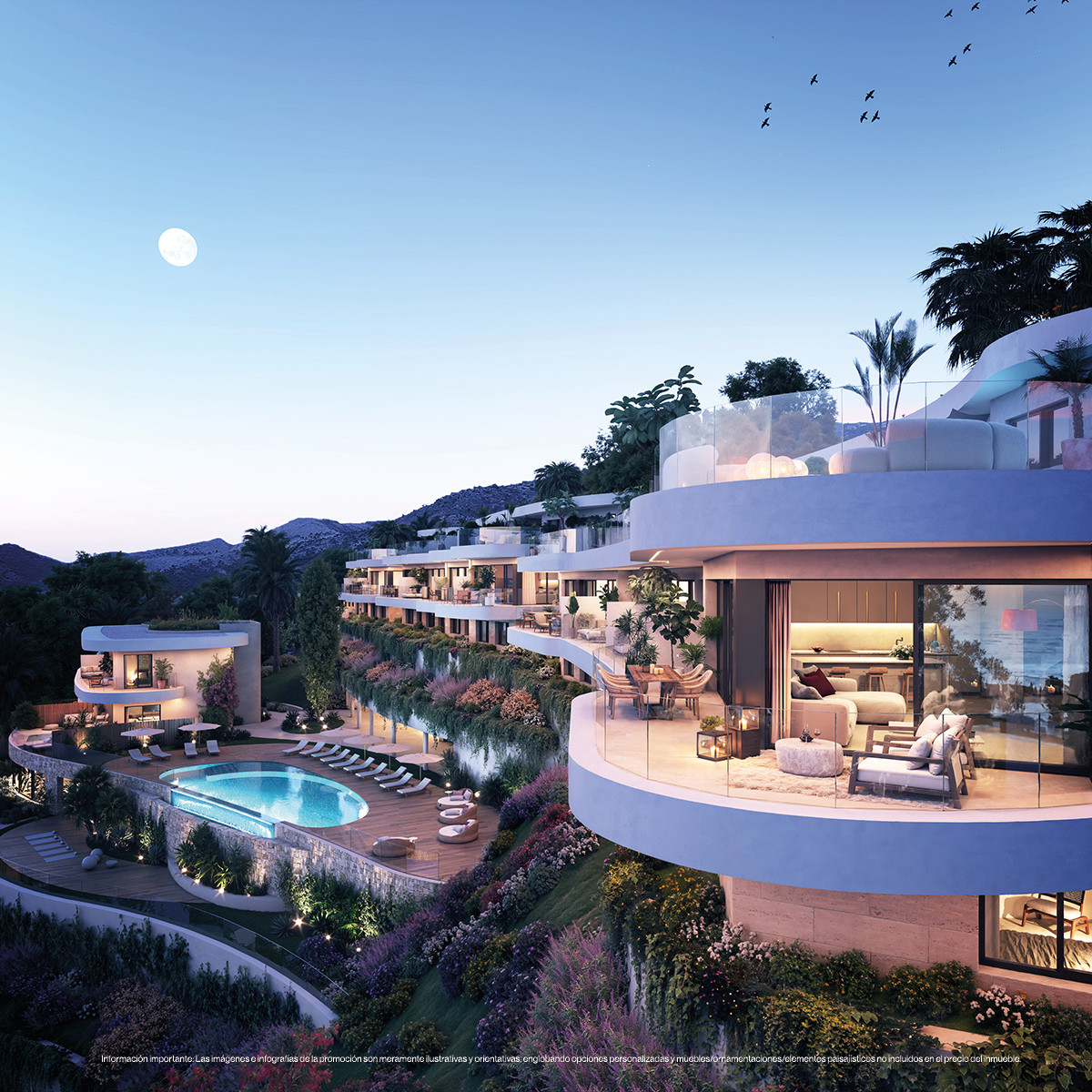 Organic Higuerón – Fuengirola – Luxuriöse Hanglage mit geschwungenen Terrassen, Pool und gepflegten Gärten in der Abenddämmerung