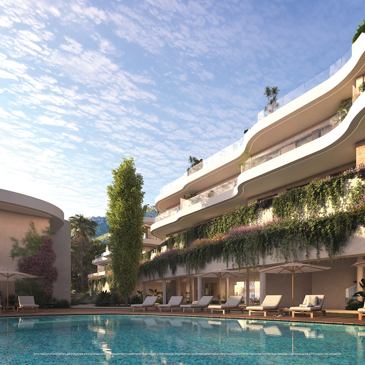 Organic Higuerón – Fuengirola – Geschwungene Luxusfassade mit kaskadierendem Grün und Gemeinschaftspool