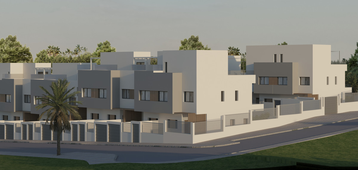 Palm Luxury Gardens – Estepona - moderne hvid facade på nybyggede rækkehuse med private haver og palmer
