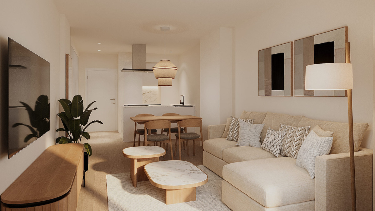Paraiso Beach – Apartments – La Línea - heller offener Wohn- und Essbereich mit Beige-Sofa, Marmor-Couchtischen und Küche