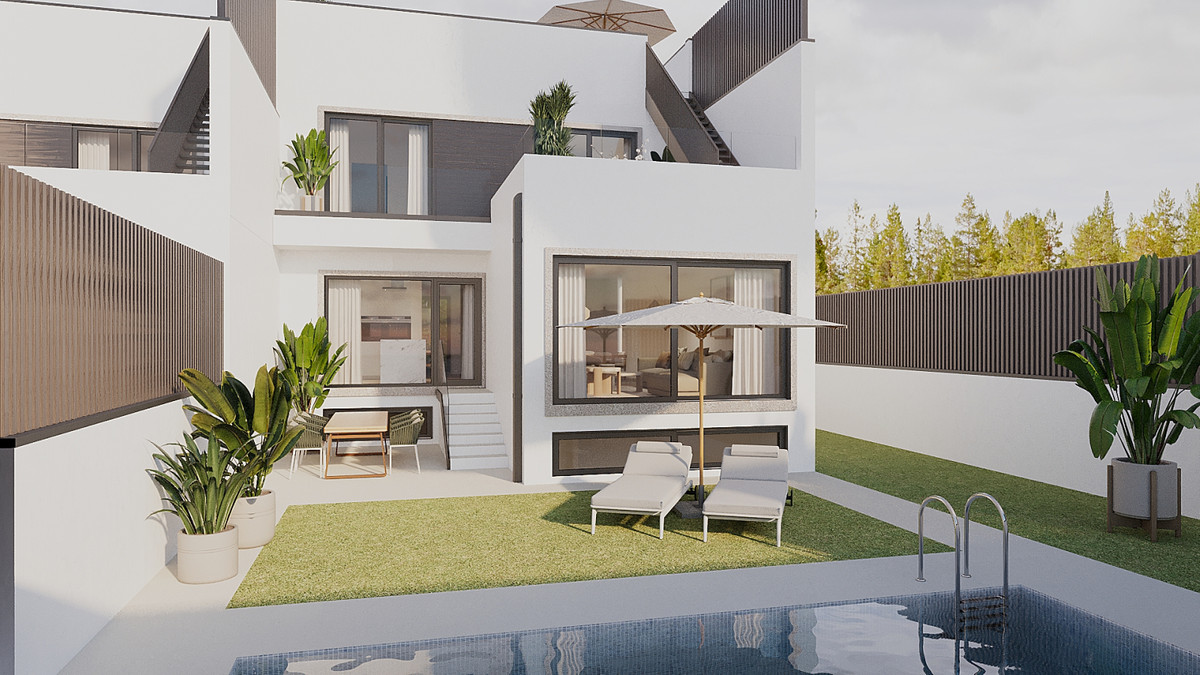 Paraiso Beach – Townhouses – La Línea - modern wit exterieur met privézwembad, ligstoelen, tuin en dakterras