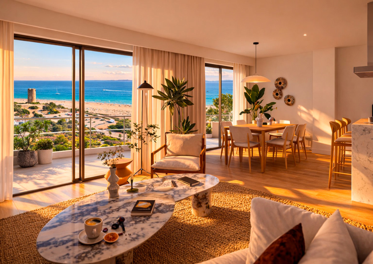Paraiso Beach – Townhouses – La Línea - lichte open woon- en eetkamer met panoramisch zeezicht en grote vloer-tot-plafond schuifdeuren