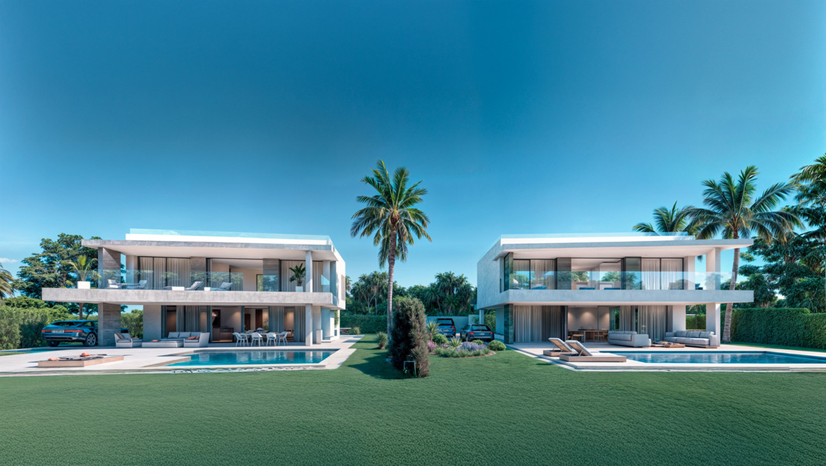 Pernet Villas – Estepona – zwei moderne weiße Villen mit Pools, Sonnenterrassen und üppigen Gärten, gesäumt von Palmen