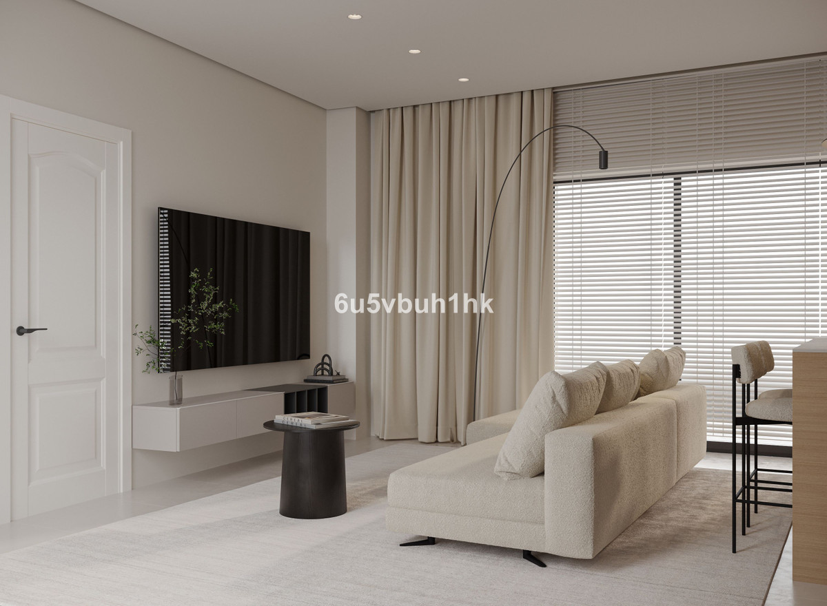 Pozos Dulces 29 – Málaga Centro - minimalistische woonkamer met crèmekleurige bouclé-bank, tv aan de muur en vloer-tot-plafond jaloezieën