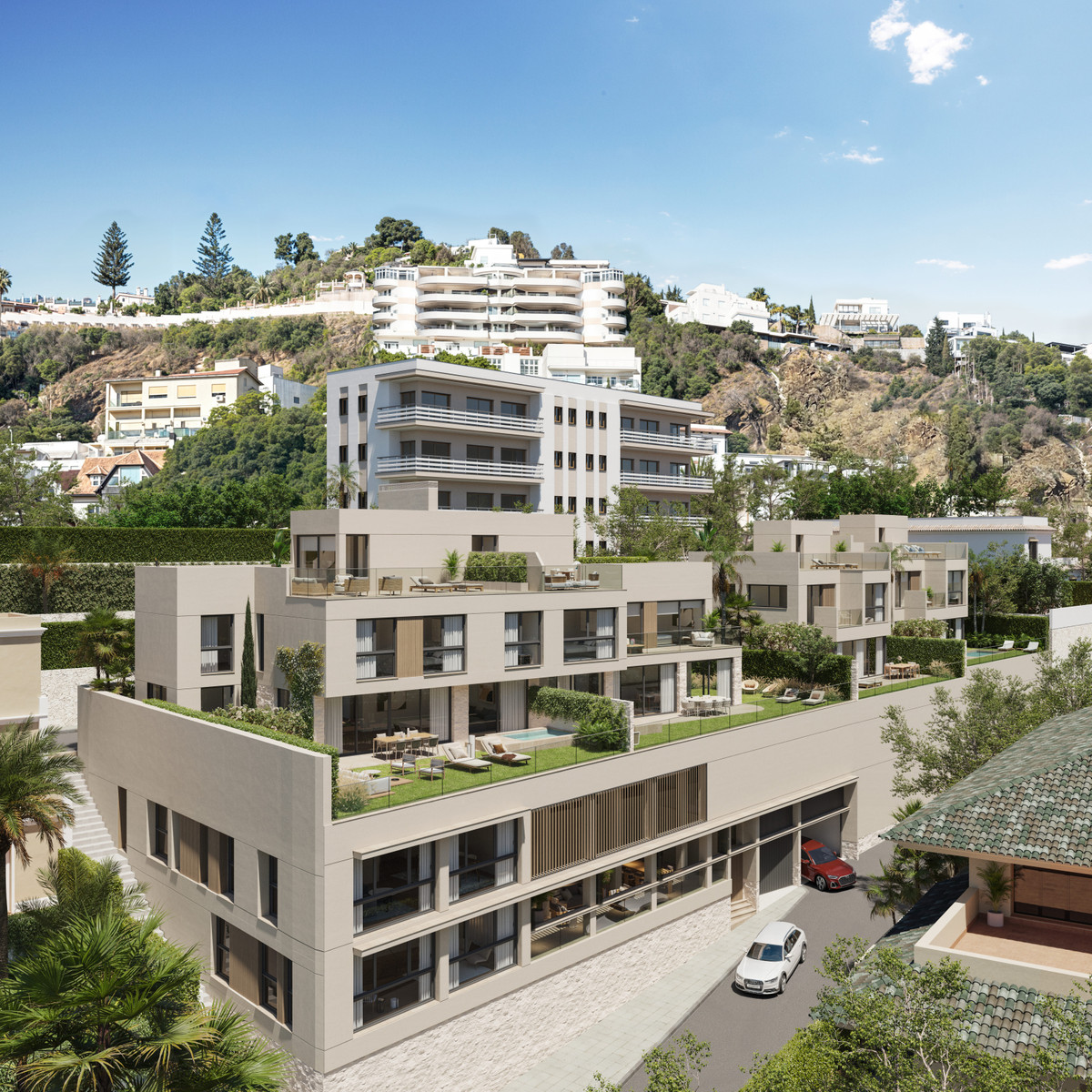 Ramal de Monte Sancha 8 – Apartments – Málaga Este - Luftbild-CGI einer terrassierten Luxusresidenz mit Dachgärten und Hügelpanorama