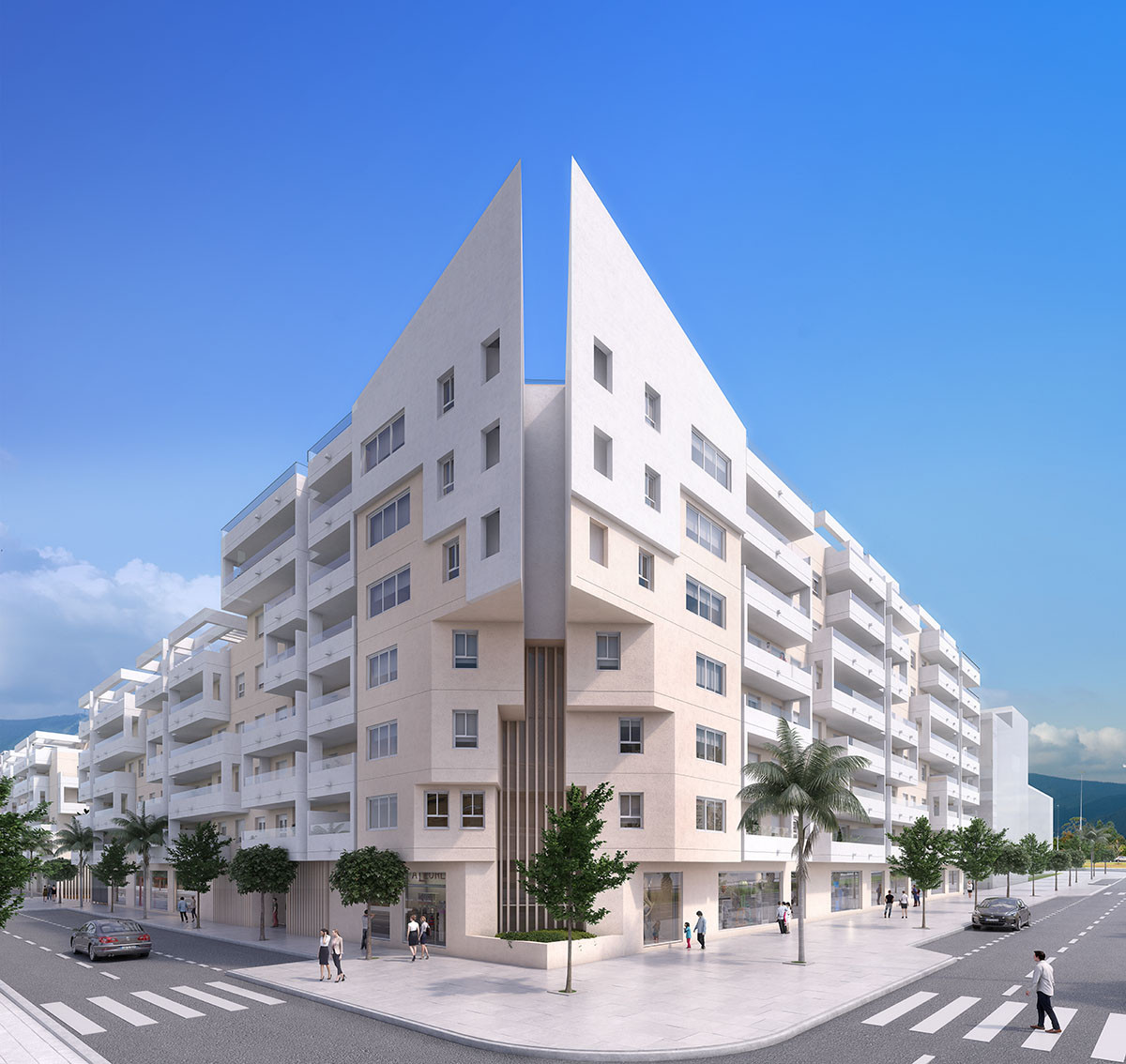 Residencial Albatros Xiv – Marbella - modernes weißes Eckgebäude mit Balkonen, Palmen und Geschäften im Erdgeschoss