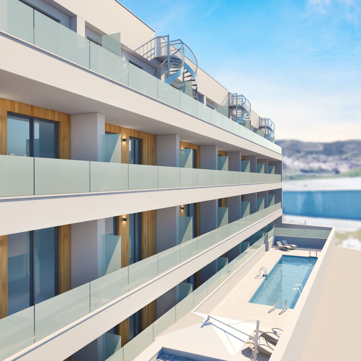Residencial Mijasol – Las Lagunas - modern appartementengebouw met glazen balkons en rooftopzwembad in Málaga