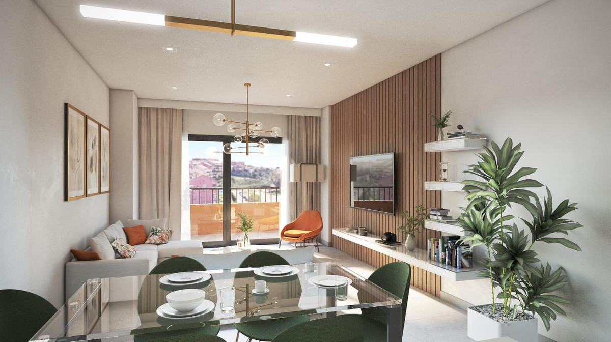 Residencial Sunhill – Los Pacos - lyst åbent stue- og spiseområde med trælamelvæg, altan og udsigt over byen