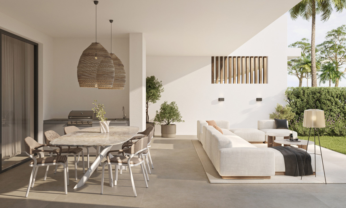 Royal Park Residence – New Golden Mile - luxury covered terrace with outdoor dining, lounge seating, and barbecue area