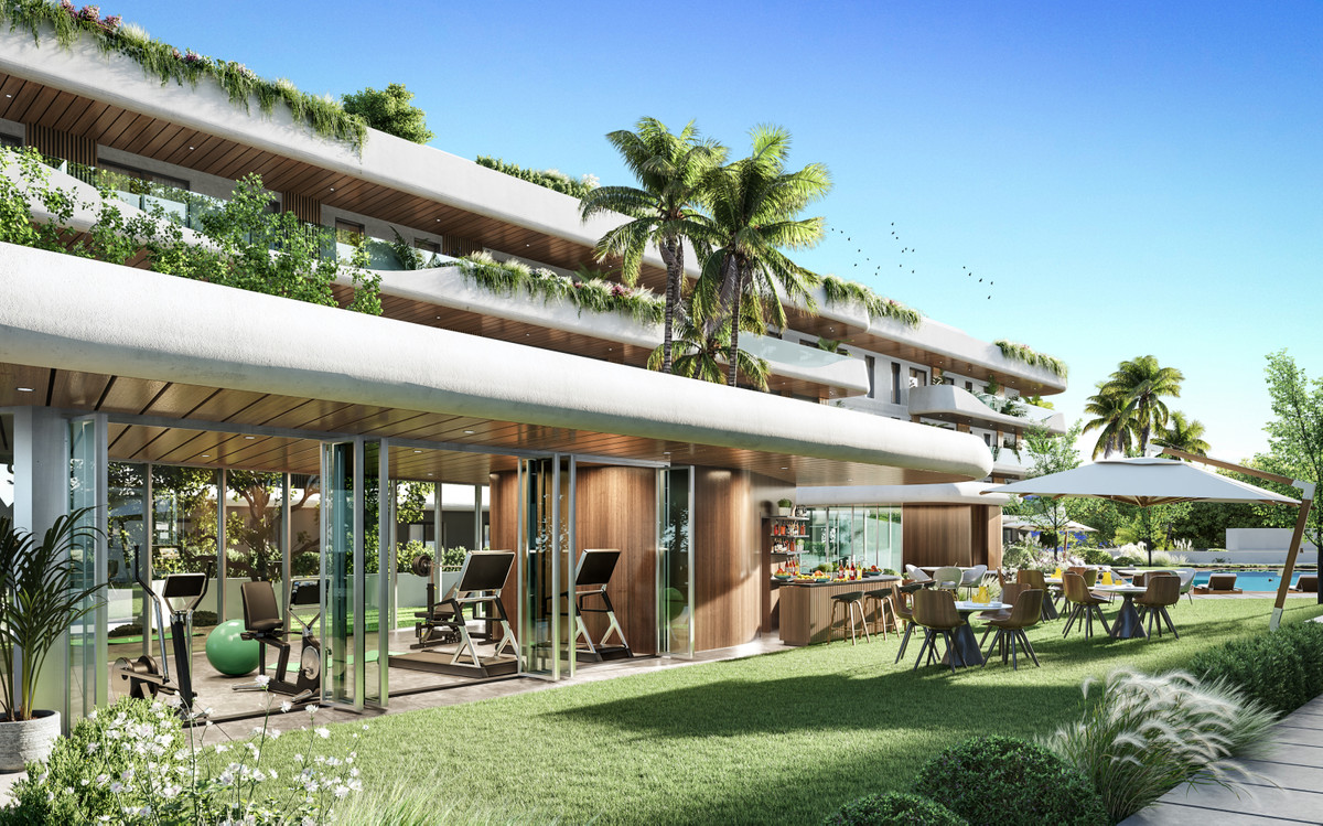 Salvia II – San Pedro de Alcántara - outdoor gym, garden terrace, bar and pool area of luxury new-build development