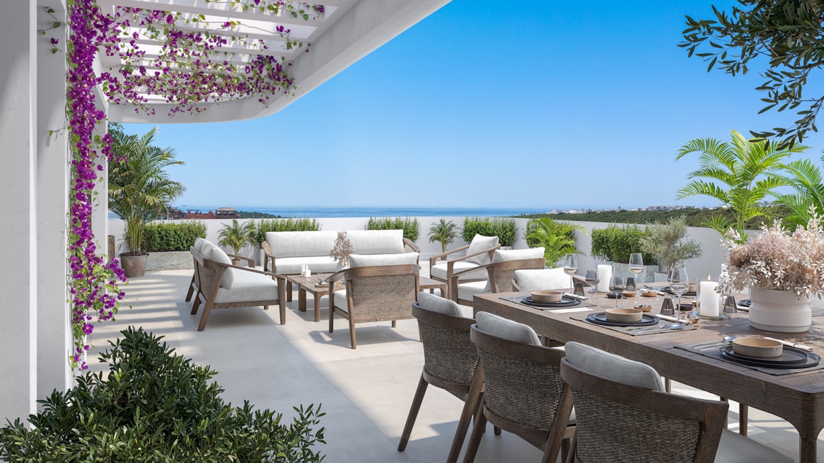 Skye Casares Golf – Casares - luxury terrace with outdoor dining, lounge seating, bougainvillea and panoramic sea views