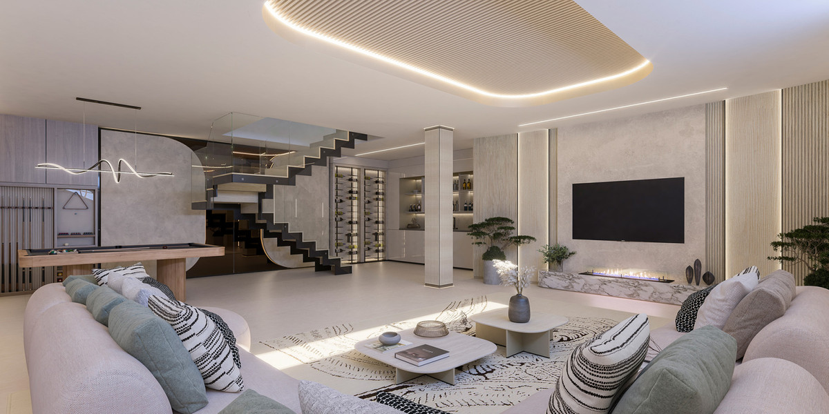Solenne – Benahavís - luxury open-plan living room with floating staircase, wine display, fireplace and billiards area