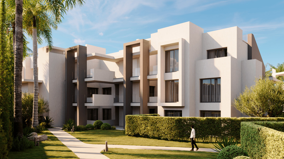 Sunway Residence – Estepona - moderne hvid trefløjet facade med landskabshaver og palmer