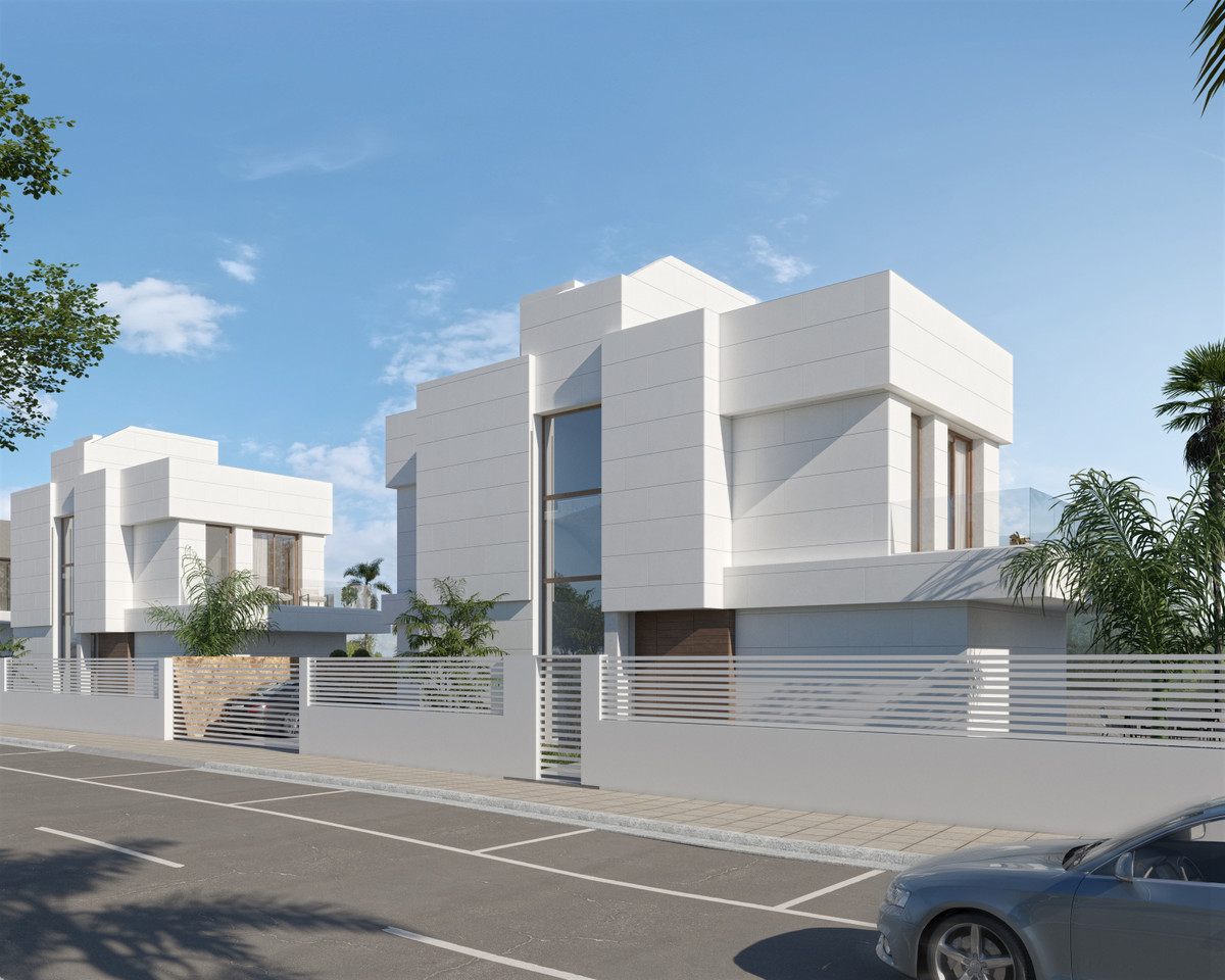 Swing and Sea Villas – Estepona - moderne hvid facade med lamelskelvægge og tropisk beplantning